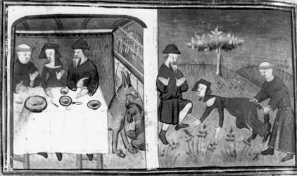 Décaméron, Gianni di Barolo est assis à la table avec Pietro da Tresanti et sa femme; Gianni tente d