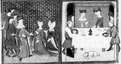 Décaméron, La marquise de Montferrat reçoit Philippe le Borgne ; les nobles siègent en banquet. Première journée, nouvelle 5.