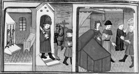 Décaméron, Le chevalier Lambertuccio s’échappe de la chambre d’Isabelle ; le mari de la femme trouve l’amant dans la chambre . Septième journée, nouvelle 6