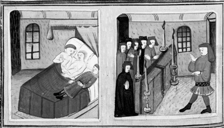 Décaméron, Lorenzo est tué par les frères de Lisabetta ; Lisabetta cache la tête du bien-aimé dans un vase. Quatrième journée, nouvelle 8