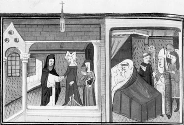 Décaméron, Madame Piccarda visite le curé de Fiesole; le curé est surpris par l’évêque au lit avec la servante. Huitième journée, nouvelle 4