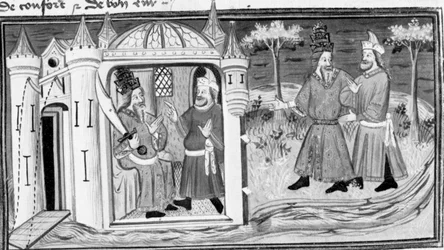 Décaméron, Melchisédek raconte à Saladin la parabole des trois anneaux ; les deux hommes deviennent amis. Première journée, nouvelle 3.