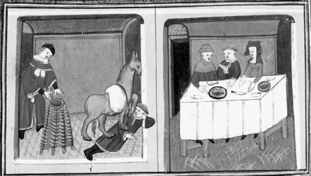 Décaméron, Pierre de Vinciolo découvre l’amant dans l’étable; Pierre de Vinciolo est assis à table avec sa femme et son amant. Cinquième journée, nouvelle 10
