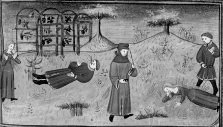 Décaméron, Simona pleure la mort de Pasquino; Simona tombe morte devant le juge. Quatrième journée, nouvelle 7