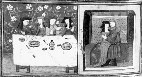 Décaméron, Spinelloccio et Zeppa s’assoient à table avec leurs femmes; Zeppa embrasse la femme de Spinelloccio. Huitième journée, nouvelle 8