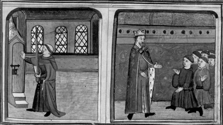 Décaméron, Un palefrenier frappe à la porte de la reine déguisé en roi; le roi confronte ses serviteurs. Troisième journée, nouvelle 2