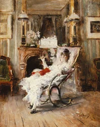 Une dame élégante tenant un éventail, 1874