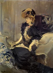Belle Époque : « la visite » Jeune femme élégante en robe de soirée (peinture de Giovanni Boldini)