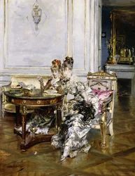 Dames élégantes dans un intérieur, vers 1875