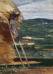 Meule de foin, un paysan sur une échelle