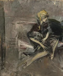 Dame au chapeau jaune avec son chien Marchesa Casati
