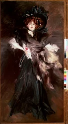 Portrait de Mademoiselle Lantelme. Jeune femme vêtue à la mode noire de la Belle Époque, 1907. 227 x 118 cm. Rome, Galleria Nazionale d