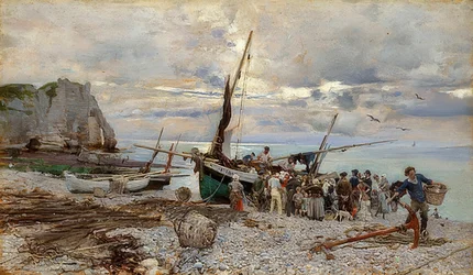 Retour des bateaux de pêche, Étretat. 1879