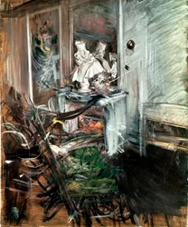 Le « Cardinal » de Bernini dans la chambre du peintre. Peinture de Giovanni Boldini (1842-1931) vers 1899. Huile sur toile. Dim : 53x46cm. Pistoia, Collezione Boldini