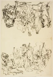 Feuille pliée avec "Le martyre de Saint Étienne et Agrippine débarquant à Brindisi avec les cendres de Germanicus"