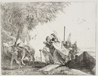 Marie, aidée par Joseph et un ange, descendant du bateau, planche dix-huit de La Fuite en Égypte