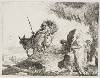 Marie, soutenue par deux anges, suit Joseph, planche 26 de La Fuite en Égypte