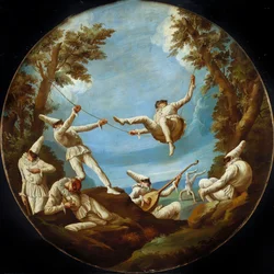 Les Polichinelles sur des balançoires, faisant de la musique et des acrobaties dans un paysage