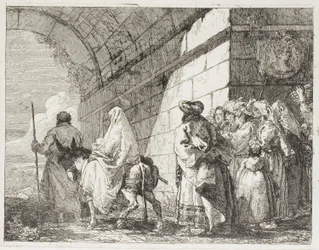La Sainte Famille quittant par une porte de la ville, planche sept de La Fuite en Égypte