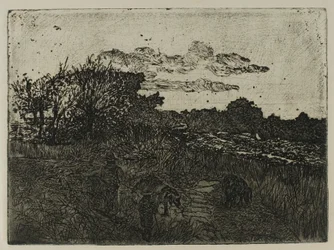Paysage au coucher du soleil avec des porcherons