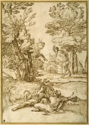 Paysage avec deux bergers se reposant, tandis qu