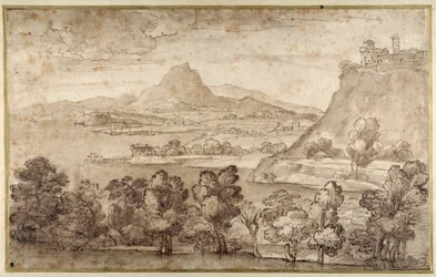 Paysage avec une ville sur une colline et une montagne plus lointaine