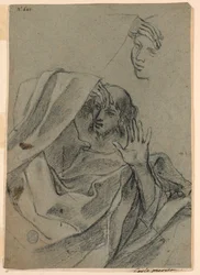 Études de dessin avec visage de femme et homme allongé, et main droite avec avant-bras