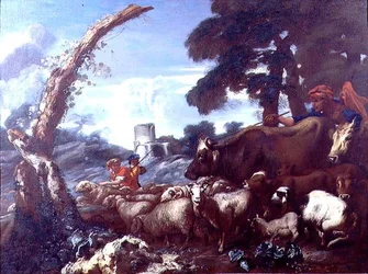 Ouvriers agricoles avec du bétail et des moutons