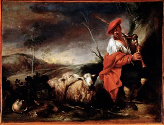 Berger jouant de la cornemuse avec ses moutons. Peinture de Giovanni Francesco Castiglione