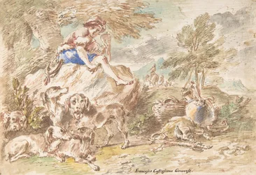 Jeune chasseur avec ses chiens dans un paysage, 1641-1710
