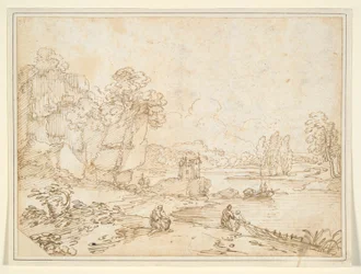 Falaises au bord de la rivière avec des pêcheurs