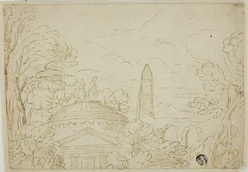 Paysage avec temple, obélisque et aqueduc