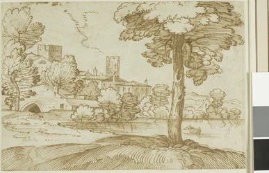 Paysage avec un grand arbre à droite et une vue lointaine d