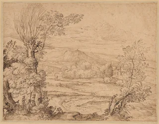 Paysage avec rivière et aqueduc