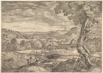 Paysage avec une usine de briques au milieu, un homme debout au premier plan, 1626-80