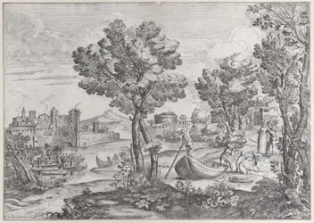 Paysage avec un homme tenant un serpent devant un enfant terrifié, observé par une femme élégante, 1626-80