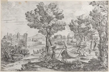 Paysage avec un homme tenant un serpent devant un enfant terrifié, observé par une personne à la mode, 1626-80
