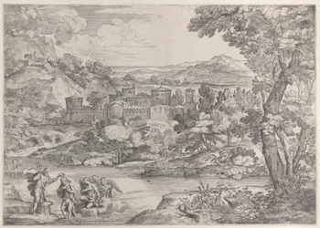 Le baptême du Christ en bas à gauche, dans un paysage