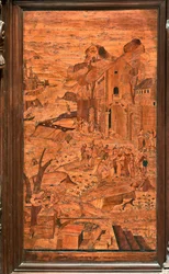 Gênes, Duomo (cathédrale Saint-Laurent), intérieur, abside, chœur, côté nord : "Moïse sauvé des eaux", marqueterie de bois par Giovanni Francesco Zambelli (XVIe siècle)