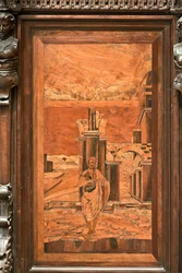 Gênes, Duomo (cathédrale Saint-Laurent), intérieur, abside, chœur, côté nord : "Saint Jean-Baptiste dans le désert", marqueterie de bois par Giovanni Francesco Zambelli (XVIe siècle)