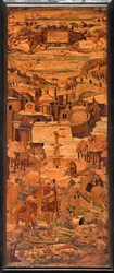 Gênes, Duomo (cathédrale Saint-Laurent), intérieur, abside, chœur, côté sud : "Allégorie", marqueterie de bois par Giovanni Francesco Zambelli (XVIe siècle)