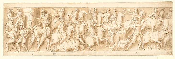 Une colonie allemande est détruite (fin de LXXI); les Allemands en fuite sont poursuivis (LXXII); les femmes (non représentées par Guerra) et les animaux sont emmenés (LXXIII)