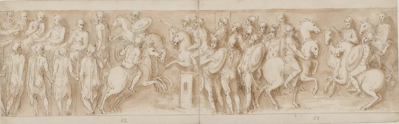 Sarmates devant le conseil impérial (fin de LXII, début de LXIII); entourés de gardes, Marc Aurèle et Pompée à cheval regardent une escarmouche (XC); nobles allemands apportant un message (jusqu