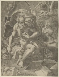 Diogène assis avec son tonneau derrière lui, lisant un livre en tenant un bâton, vers 1526-27