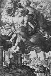Ixion tentant de séduire Junon, entouré de nuages avec des ruines en dessous, vers 1520-39