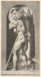 Planche 1 : Saturne dans une niche dévorant son fils, debout devant une faux, d