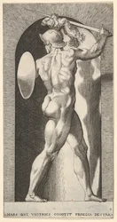 Planche 9 : Mars dans une niche, tenant une épée au-dessus de sa tête avec son bras droit, et un bouclier, 1526