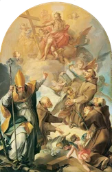 Trois saints capucins et un évêque adorant le Christ et la croix