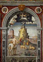 Signe du Zodiaque : Le Sagittaire. Médaillons avec portraits des empereurs Didius Julianus et Commodus. Vue du Mont Hélicon avec les fontaines Aganippe