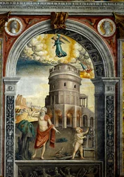 Signe du Zodiaque : La Vierge. Médaillons supérieurs avec portraits des empereurs Titus et Domitien. En dessous, légende associée à la naissance de la constellation correspondant au signe : un homme buvant devant le mausolée de Théodoric à Ravenne. Fresque